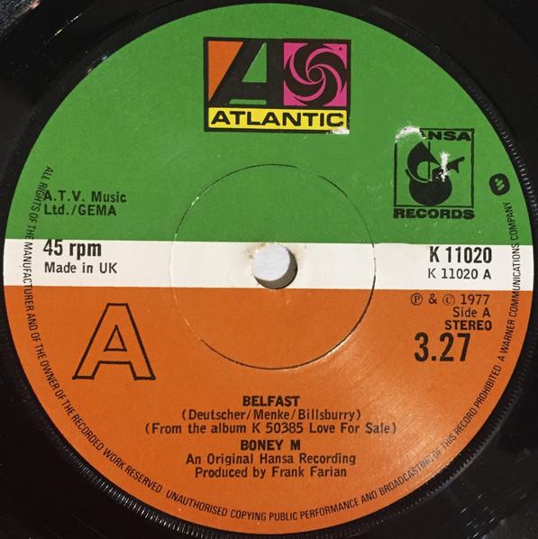 

7inch Record BONEY M. Belfast K11020 Atlantic 1977 UK Dance Electronica Used