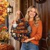 Wooden Halloween Hanging Sign with Spider Web Pumpkin Ghost Cat Skull and Bow for Indoor Outdoor Party Wall Decoration