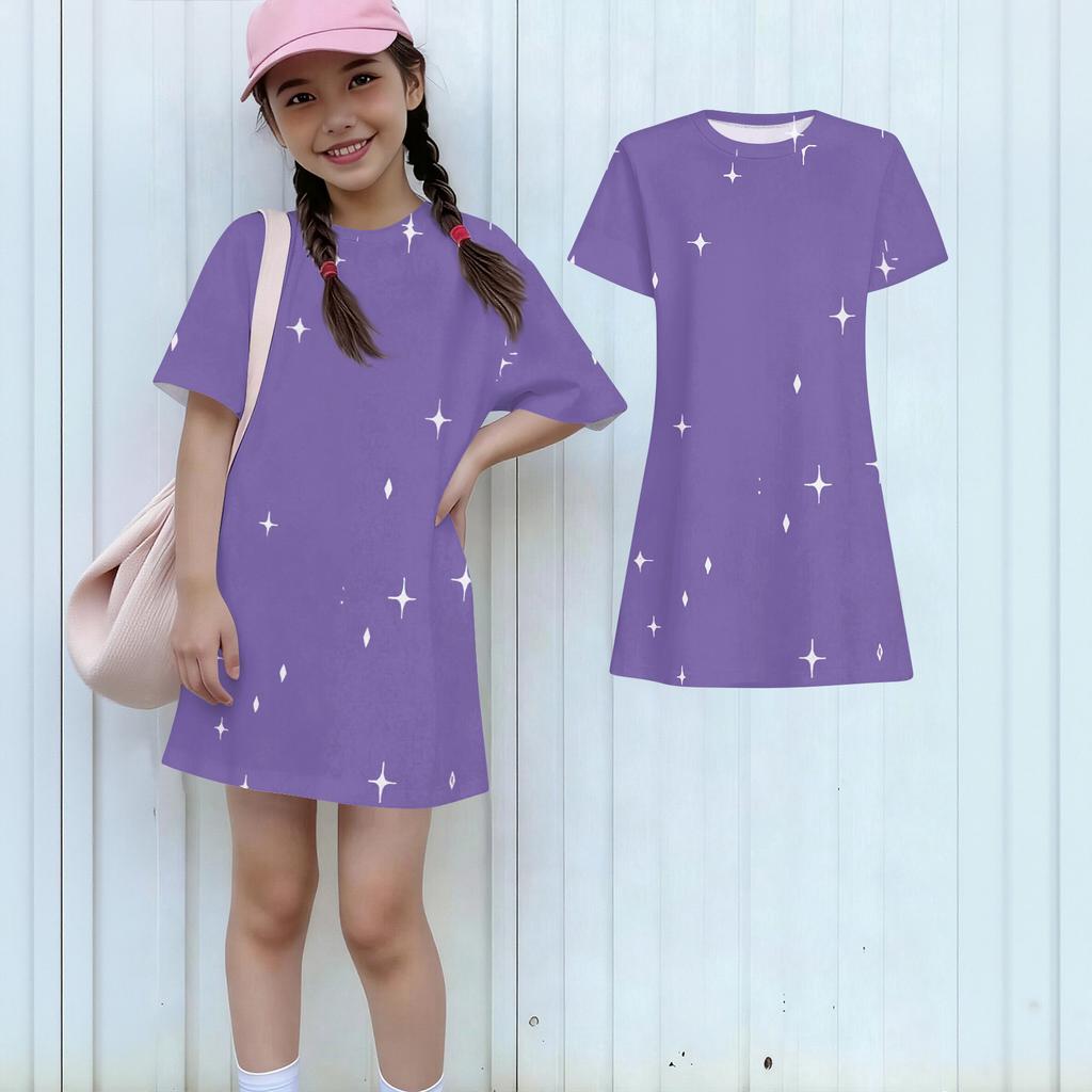 Girls Print Casual Dress Kids Loose Round Neck Short Sleeve Thin Sundress