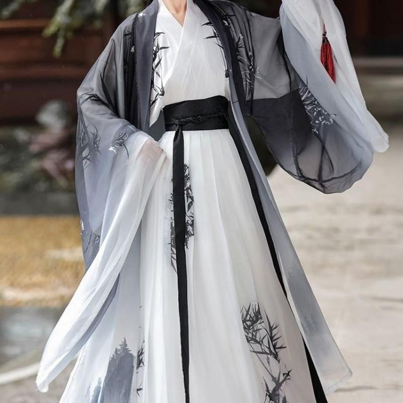 Unisex Song Dynasty Style Hanfu Inspired Modern Set Women Men Watercolor Print Wide Sleeve Top Skirt