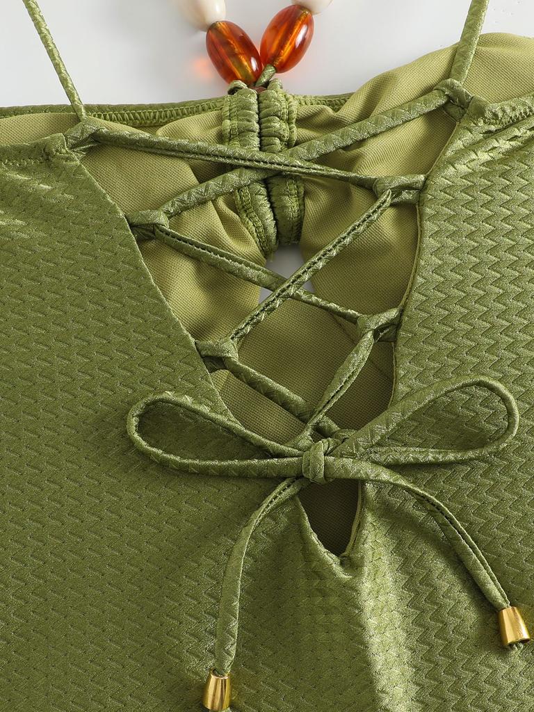 Women's Fashion Beads Swimsuit Sexy Hollow Out Bikini Set Padded Lace Up Back Monikini Slip Cover-up Swimwear Set Two PiecesTankini Bathing Suit