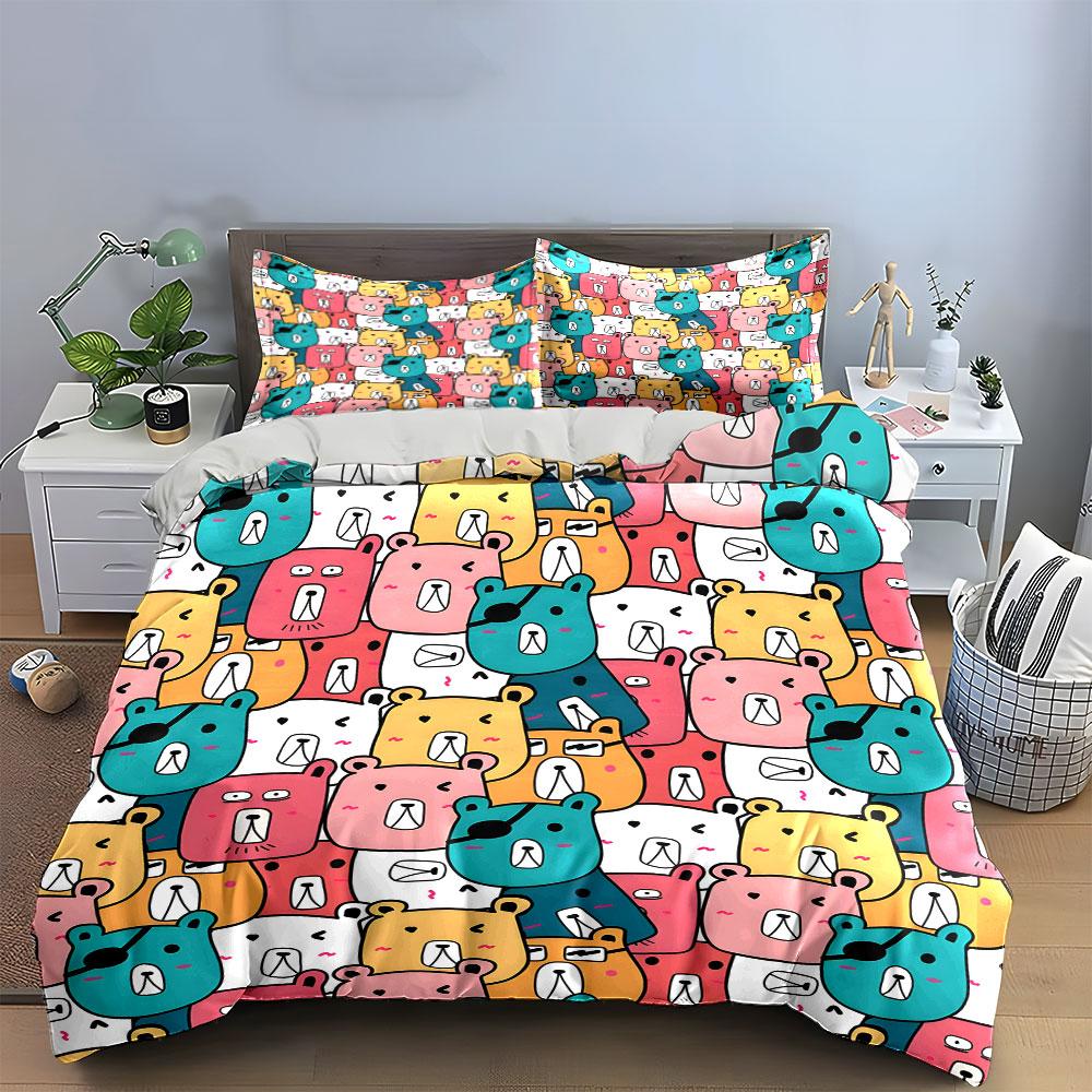 Cartoon Bear Faces Pattern Bedding Duvet Cover Set  (1*Duvet Cover 2*Pillowcases, Without Duvet Insert)