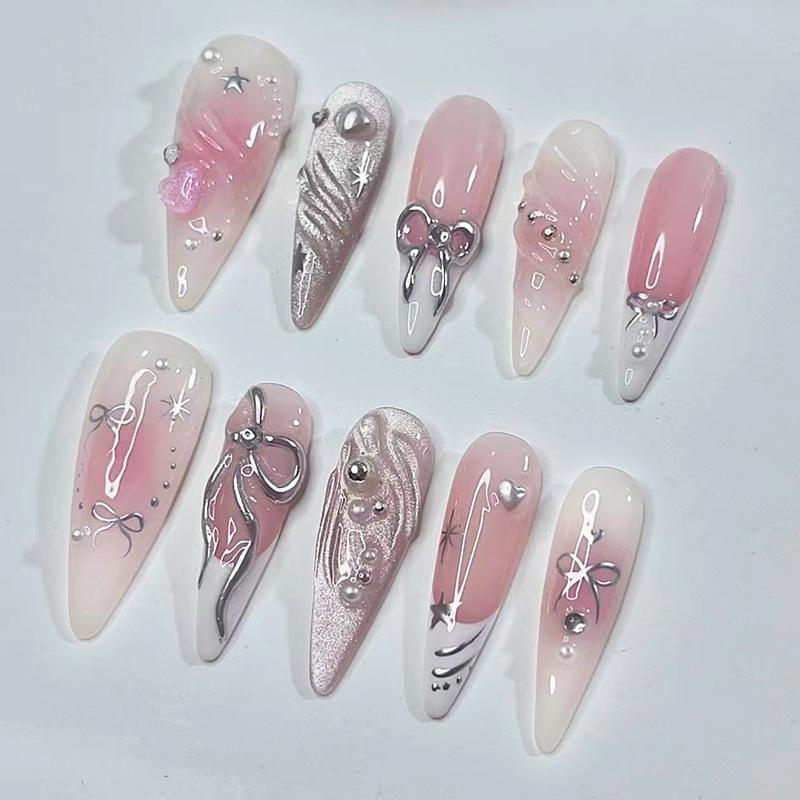 24Pcs Sweet Pink French Tip Polka Dot Nails With 3D White Bow Almond Shape False Nails Detachable Press On Nails For Women