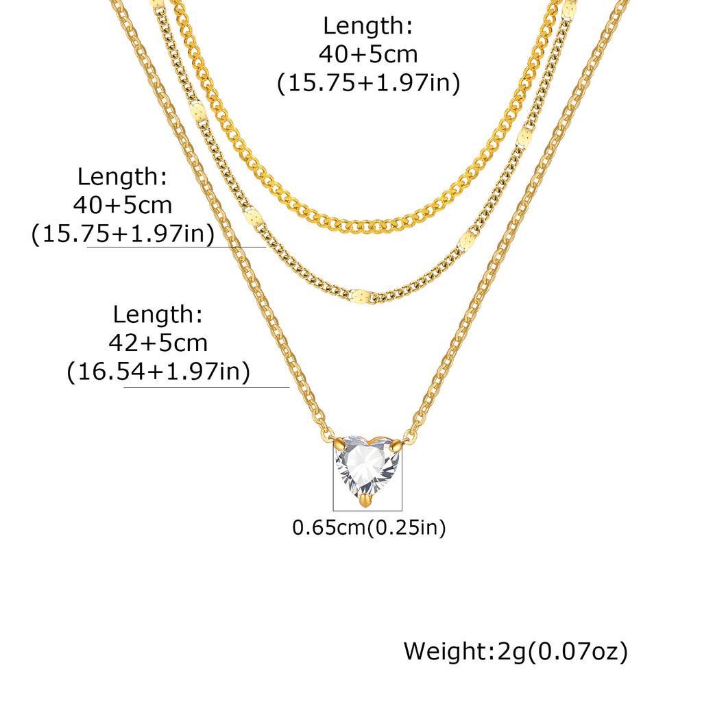 3pcs Set Simple Fashion 18K Gold Plated Stainless Steel Water Drop Heart Zircon Pendant Necklace for Women, Classic Jewelry Set