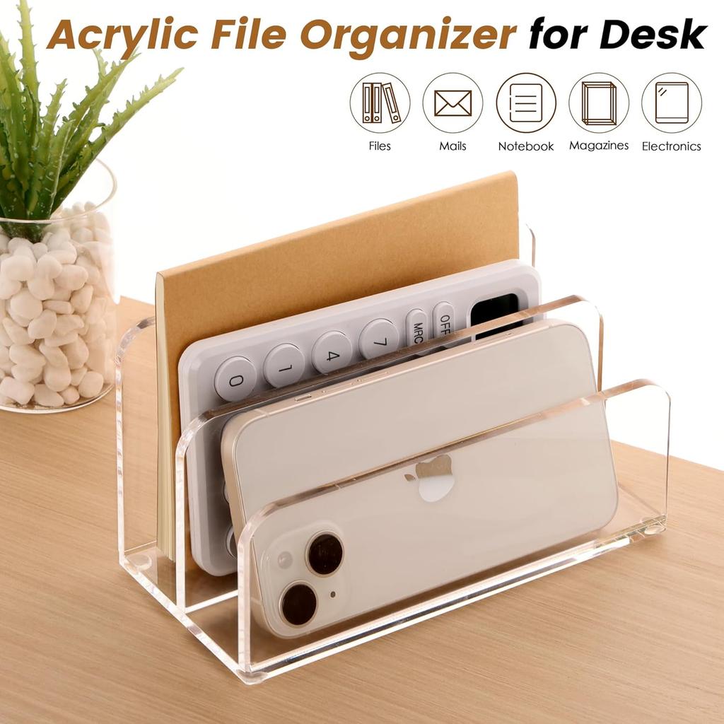 DINGHUO Acrylic Mail Letter File Holder Folder Organizer for Desk, 2 Sections Clear Countertop Small Document Notebook Electronics Desktop Organizer