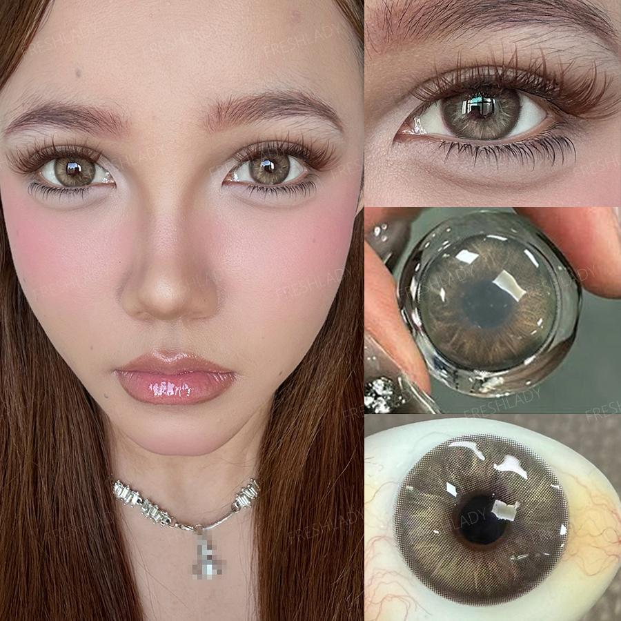 Freshlady 1 Pair 2pc 14.5mm Yearly Colored Contact Lenses, 40% Water Soft Comfortable Contacts for Daily Wear & Party Makeup, Brown/Blue/Gray