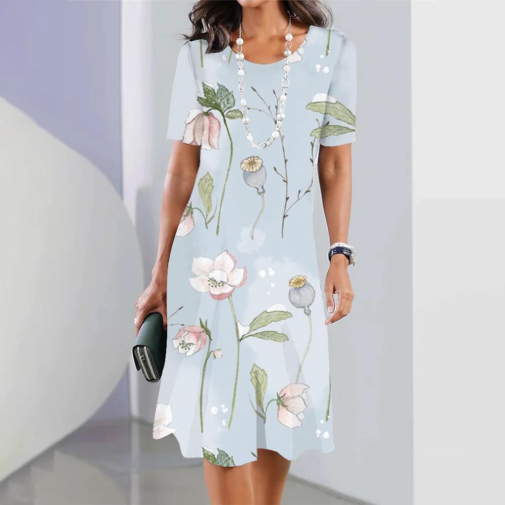 New Dress Fashion Woman Summer White 3D Printing O Neck Short Sleeve Sundresses Casual Vestidos Loose Maxi Dress