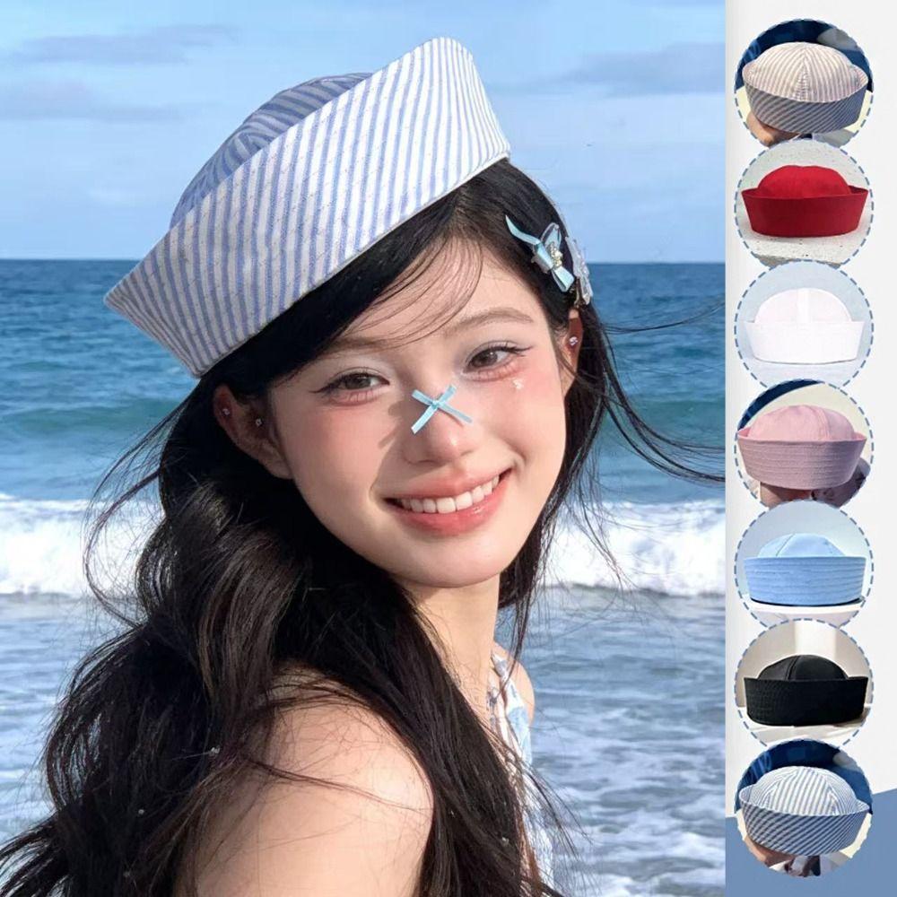 Blue Striped Navy Hat Cute Painter Hat Korean Captain Hat Rave Festivals