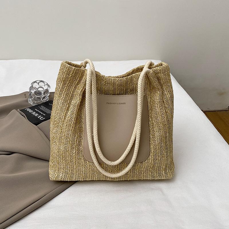 2025 summer new fashion woven shoulder bag large capacity shopping bag beach bag simple retro tote bag