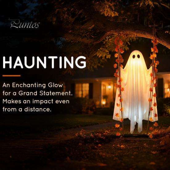 Autumn Maple Leaf Accents Hanging Swing Ghost Halloween Decoration with Leaf, Light Up Ornament Seasonal Manor Window Decor Height Adjustable