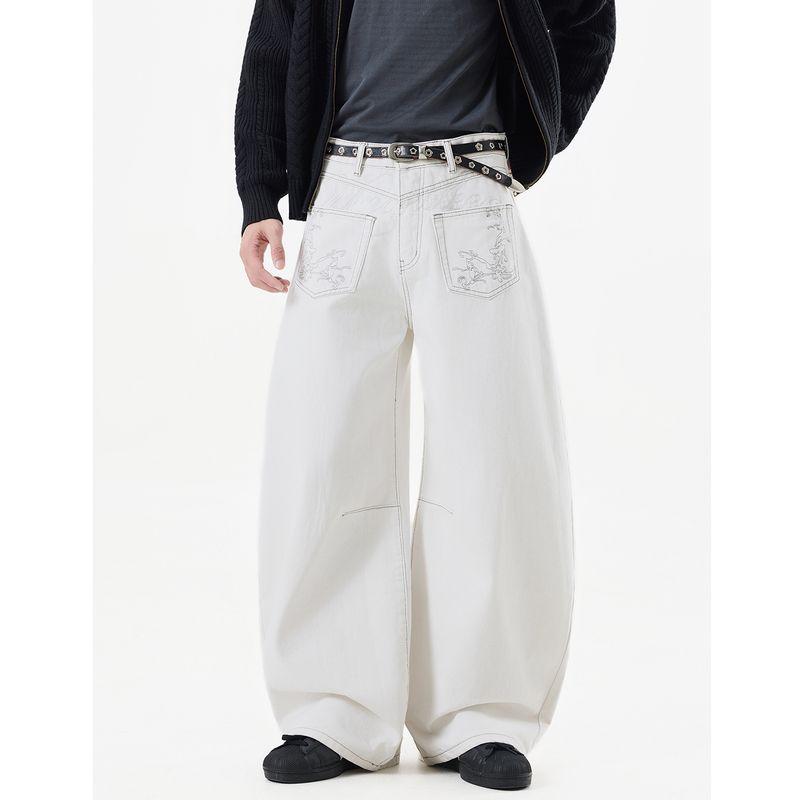 

Acrardic Trendy Brand Design Embroidered White Scimitar Jeans for Men, High Street Cool Loose Wide-Leg Long Pants White Gray 2XL