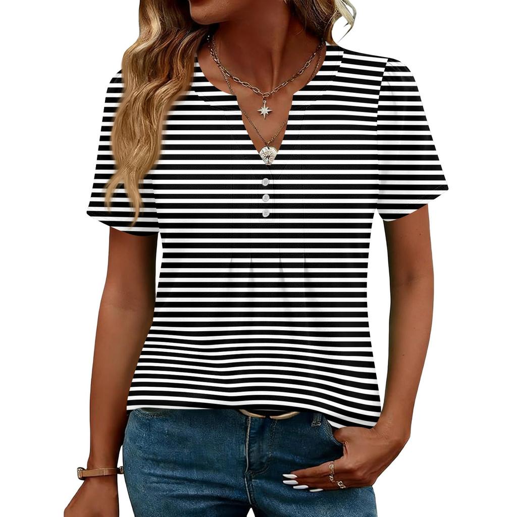 Damen Oberteile Festlich Lässig V-Ausschnitt Kurzarm Hemden Plissierte Blusen Knopfleiste Tunika