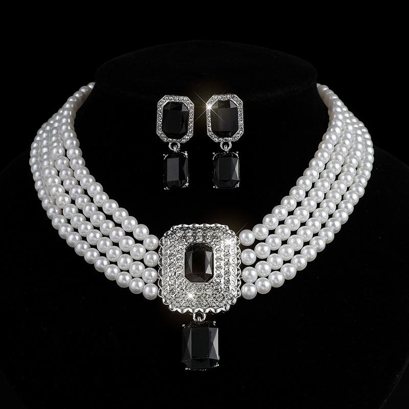 Square gemstone full diamond earrings necklace set choker multi-layer bridal anti-pearl necklace earrings