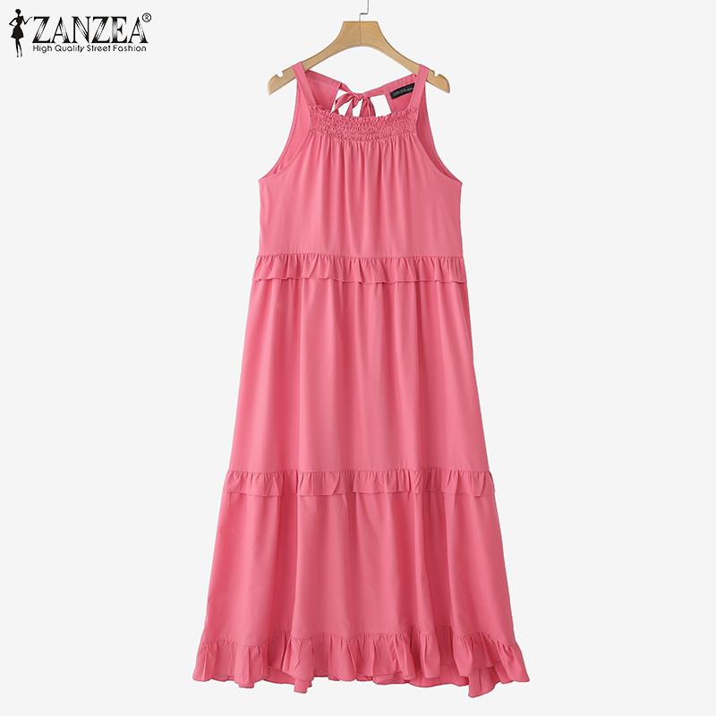 ZANZEA Womens Summer Round Neck Off Shoulder Sleeveless Long Dress