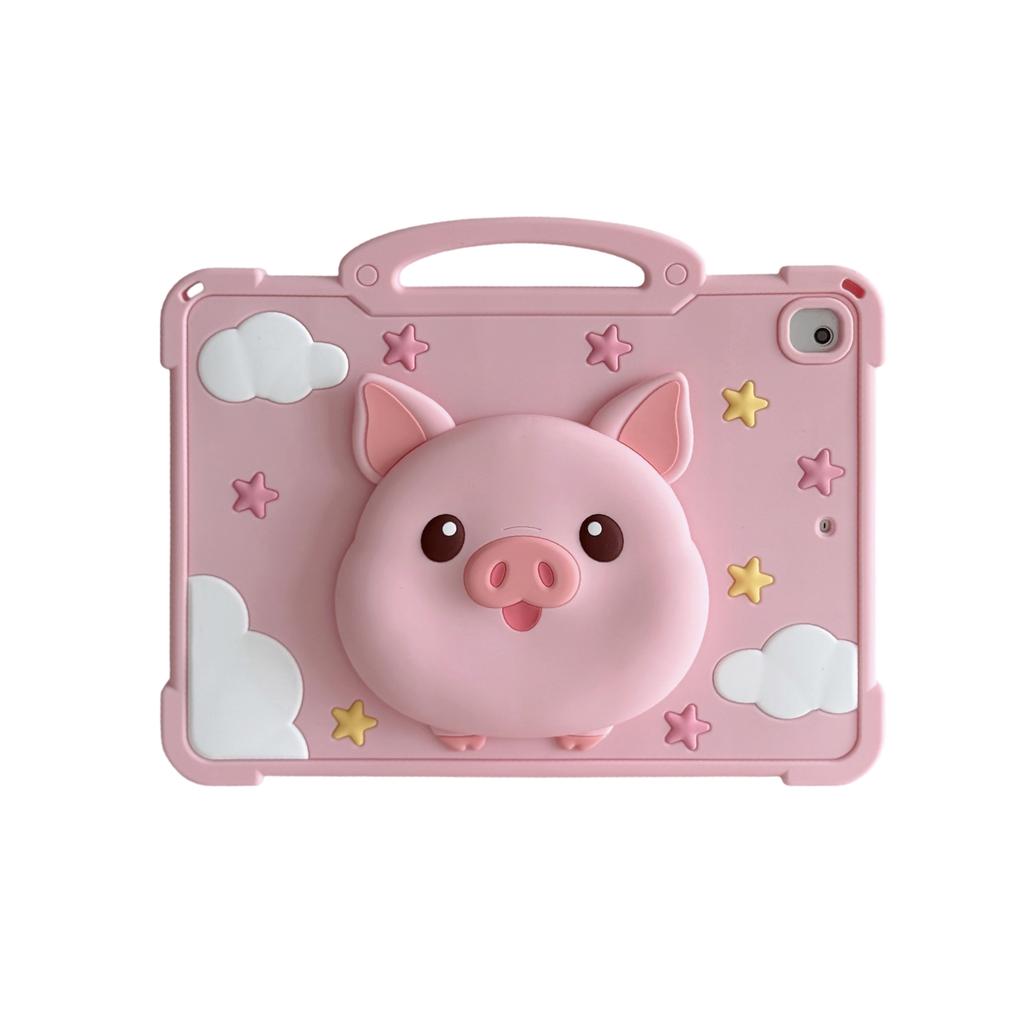 3D Cartoon Cute Pink Pig Silicone Tablet Case With Handle For iPad 12th 11 10 9 8 Ipad Pro Air M4 M3 M2 11inch A16 A19 2018-2026 M4 Kids Cover Stand