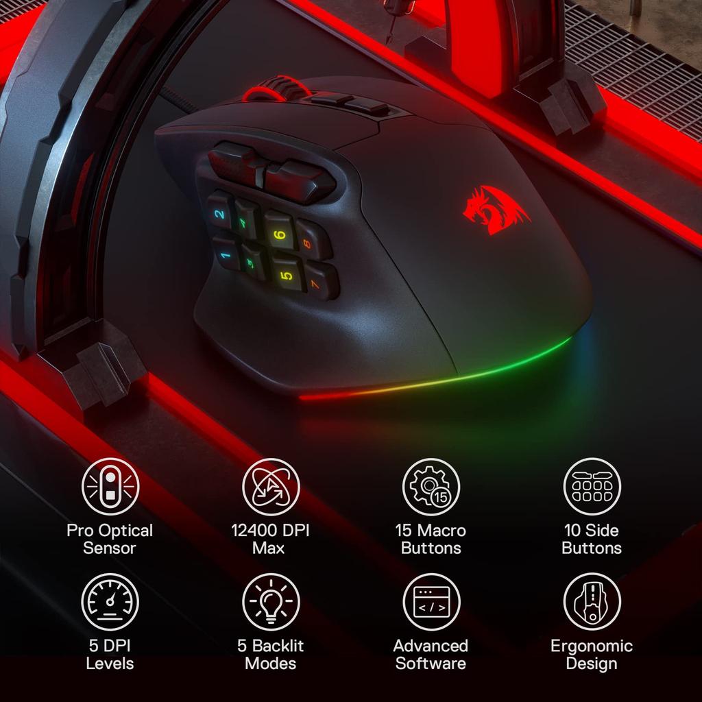 Redragon M811 Aatrox MMO Gaming Mouse 15 Programmable Buttons Wired RGB Gamer Mouse Ergonomic Natural Grip Build 10 Side Macro Keys Software DIY