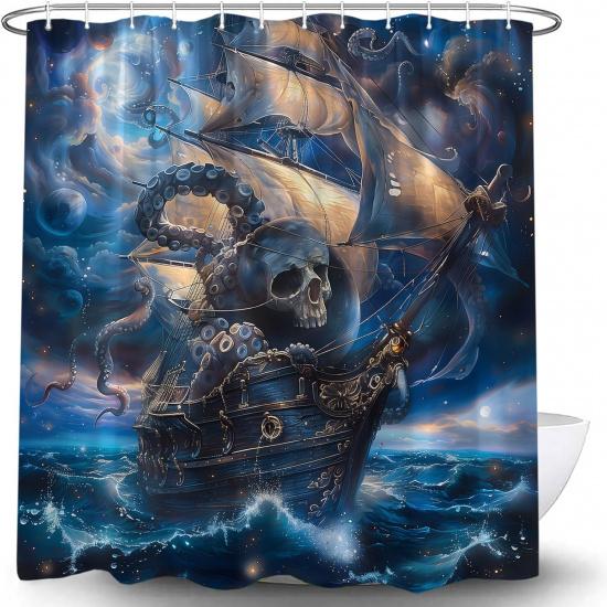 Octopus Skull Shower Curtain Marine Vintage Nautical Pirate Ship Great Wave Kraken Skeleton Horror Halloween Blue Ocean Night Sea Animal Fabric Bath