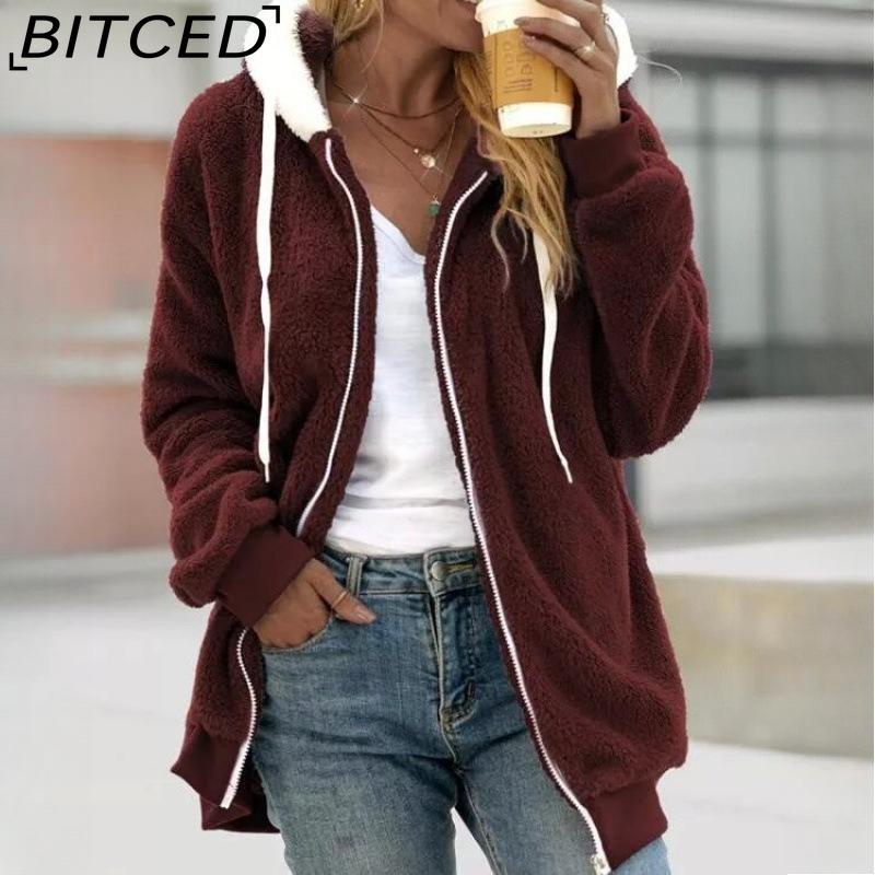 BITCED Damska Jesienno-Zimowa Oversizowa Kurtka z Kapturem Zapinana na Zamek, z Podszewką z Polaru