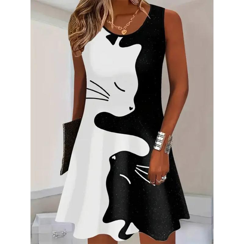 Plus Size Women's Dress Fashion 3D Plaid Print Sleeveless Elastic Round Neck Summer Dresses