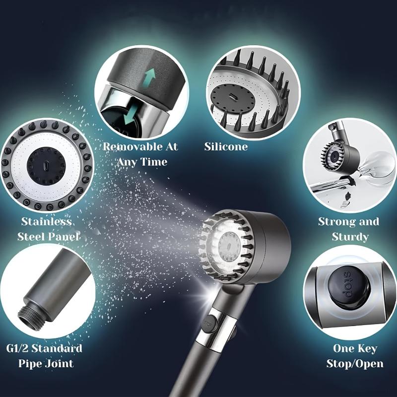 Soffione Doccia ad Alta Pressione Soffione Doccia con Arresto Acqua a Bottone Singolo Risparmio Idrico Regolabile 4 Modalità Massaggio Acqua Soffione Doccia