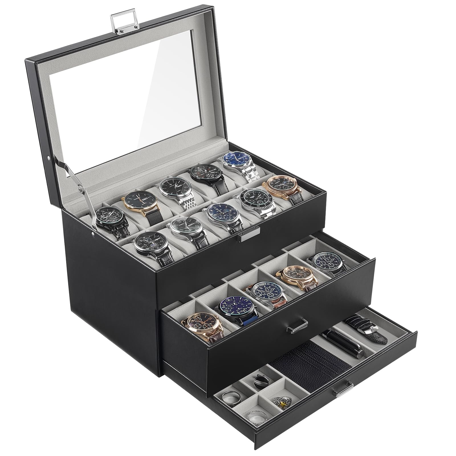 ProCase Шкатулка для часов на 20 больших часов с прозрачной стеклянной крышкой для демонстрации ювелирных изделий, 3-уровневый кейс, Часы, Вместимость, Мужские ящики, Органайзер, Верхняя часть, чёрный