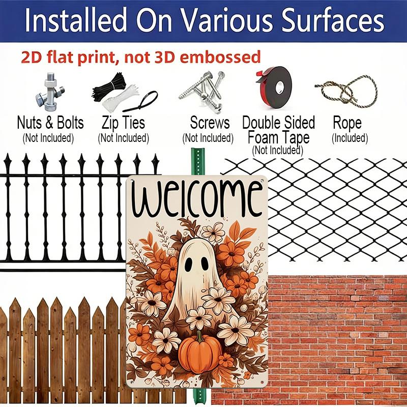 2D Flat Welcome Cute Ghost Floral Pumpkin Autumn Metal Sign - 8.0x12.0inch Aluminum Wall Art, Vintage Neutral Floral Halloween Front Porch Decor