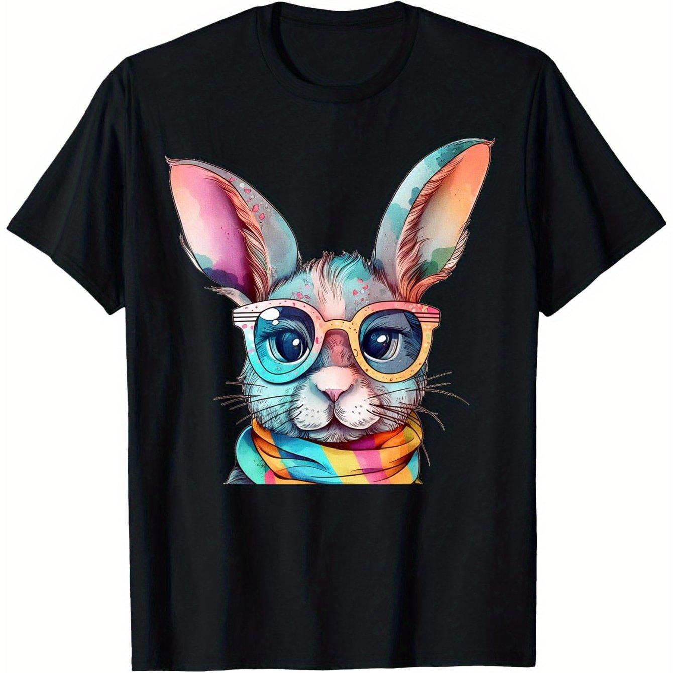 Easter Cool Bunny Glasses Scarf Graphic Tee Casual Cotton Crew Neck T-Shirt Daily Wear 4XL