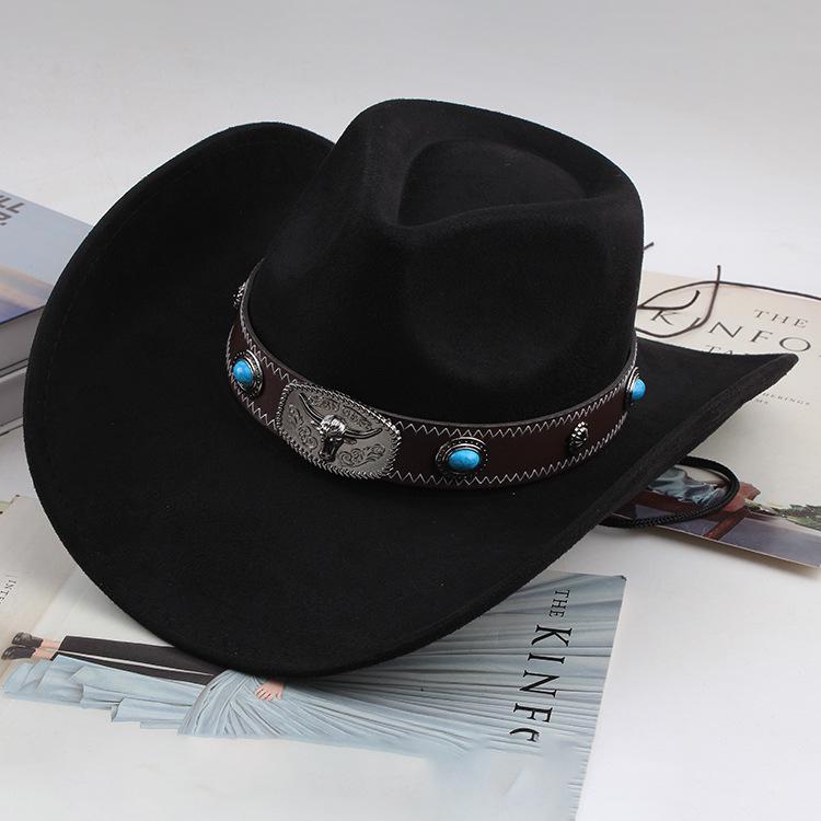 Western Cowboy Style Tibetan Bull Head Accessories Fashion Top Hat Autumn/Winter New Collection Deer Skin Velvet Large Edge Riding Hat