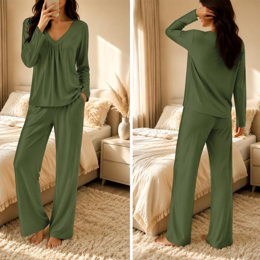 Women's V-Neck Loose Fit Pajama Set with Pants - Color Casual Two-Piece Nightwear