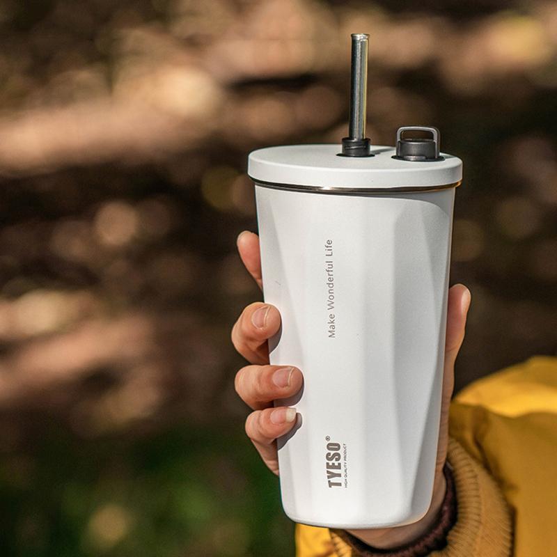 Stainless Steel Coffee Cups Vacuum Insulated Mugs Portable Large Capacity Ice Bar Thermal Cup with Silicone Rope Straw Water Cup