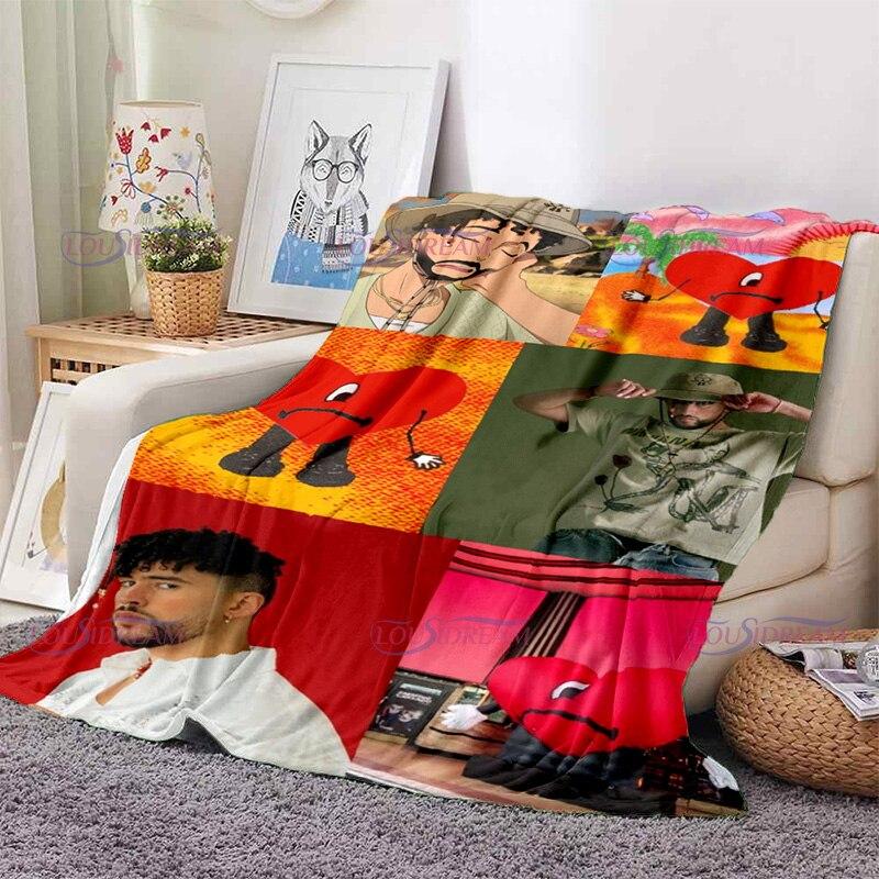 Cartoon Bad Bunny Blanket Flannel Blankets Pop Latin Music Warm Plush Fleece Throw Blankets for Aldult Sofa Bedding All Season