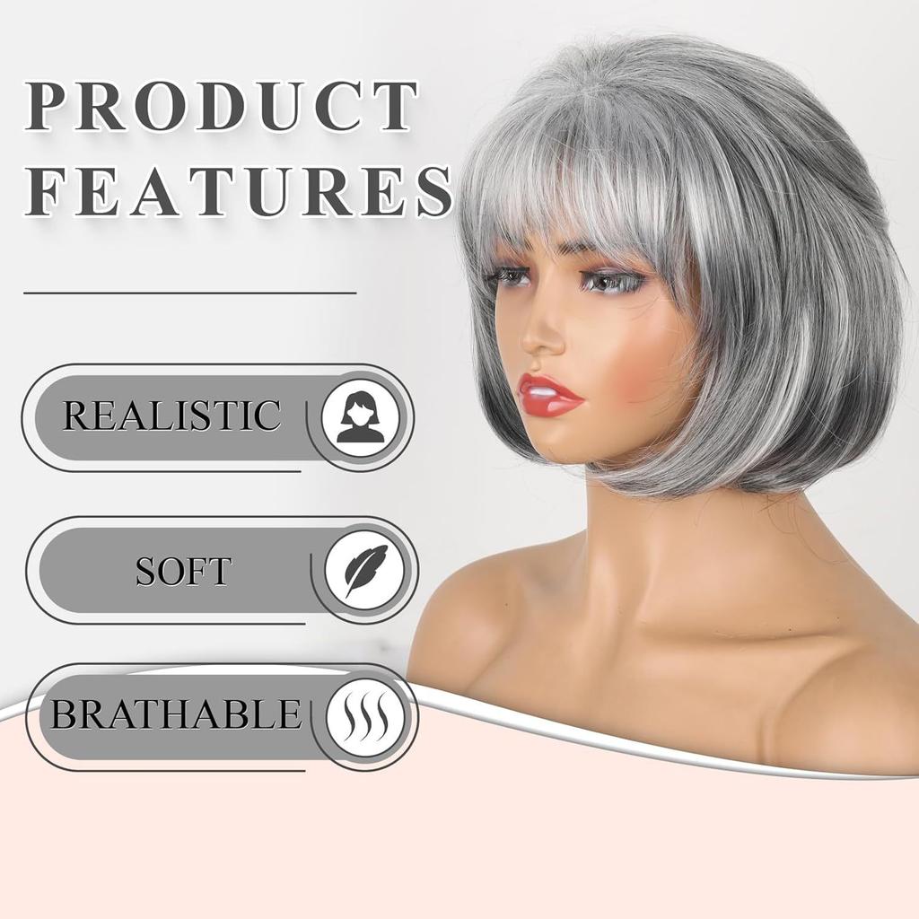 Synthetic Wigs With Bangs Natural Gray Blond Brown Short Wave Fluffy BoBo Wig Women Daily Cosplay Full Head Cover Heat Resistant Fibre