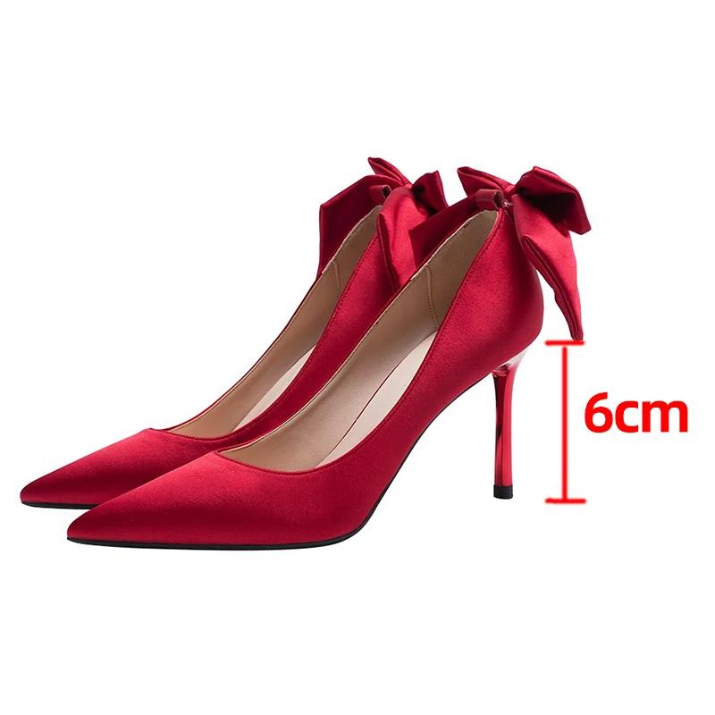 Fashion Elegant Satin Bowknot High Heels Pumps for Women Sexy Pointed Toe Stiletto Heeled Red Bridal Wedding Shoes Woman White Pumps