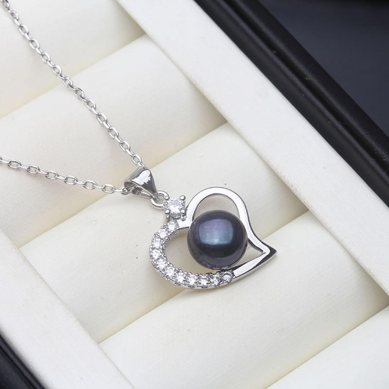 Real Natural Black Pearl Pendant Jewelry Woman,Trendy 925 Silver Pearl Heart Pendant Wife Mother Anniversary Gift White Pink