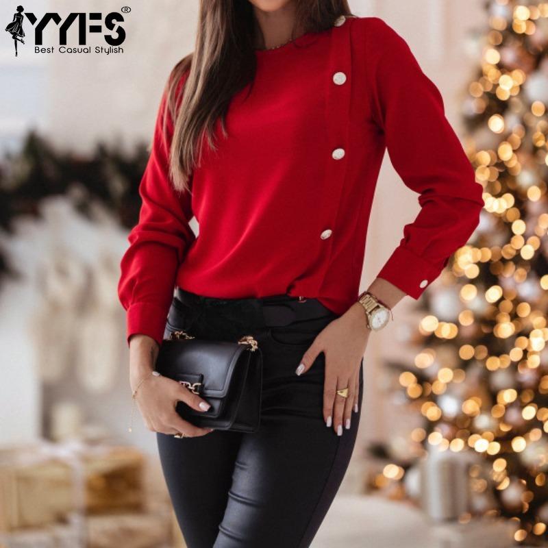 

YYFS женские модные повседневные осенне-зимние однотонные блузки и рубашки с круглым вырезом и длинными рукавами с принтом
