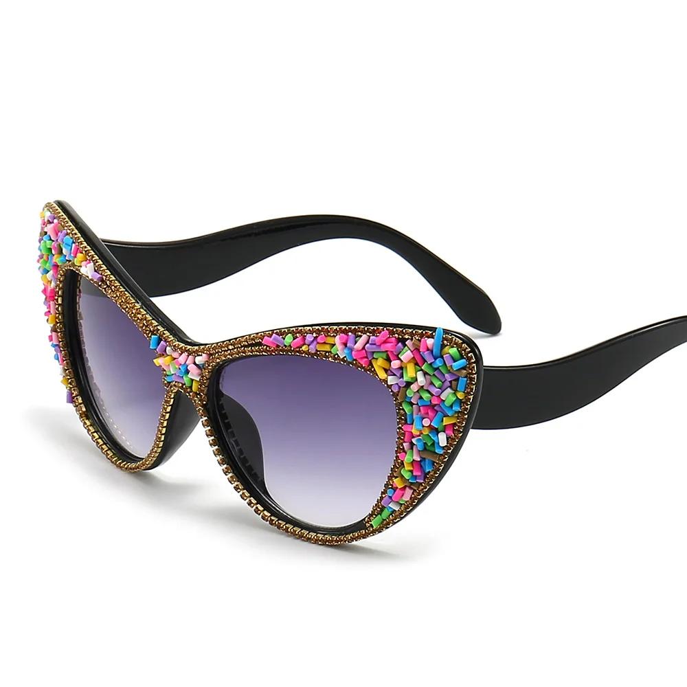 Vintage Oversized Cat Eye Sunglasses Women Luxury Designer Punk Sexy UV400 Protection Diamond Cake Sugar Shades
