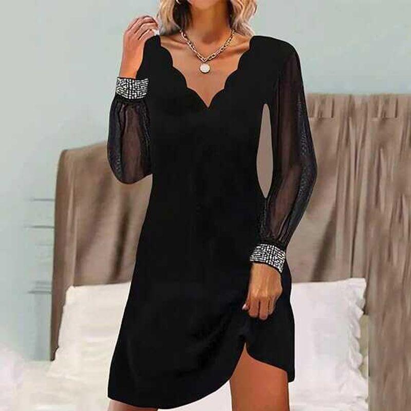 

Модное трендовое роскошное платье с V-образным вырезом, длинными рукавами, сетчатыми вставками, рукавами с пайетками, свободного кроя, сексуальное базовое женское платье Black S