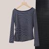 Women's Asymmetric Striped Long Sleeve T-Shirt with Pleated Waist