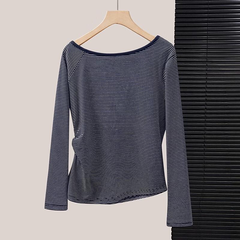 Women's Asymmetric Striped Long Sleeve T-Shirt with Pleated Waist