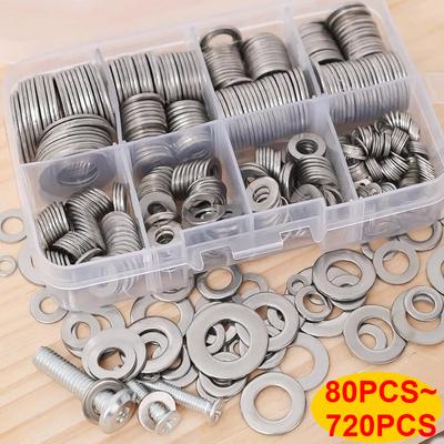 80/180/360/540/720pcs M2 M2.5 M3 M4 M5 M6 M8 M10 Stainless Steel Flat Washer Plain Gaskets Metal Washers Rings for Screw Bolt Assortment Kits