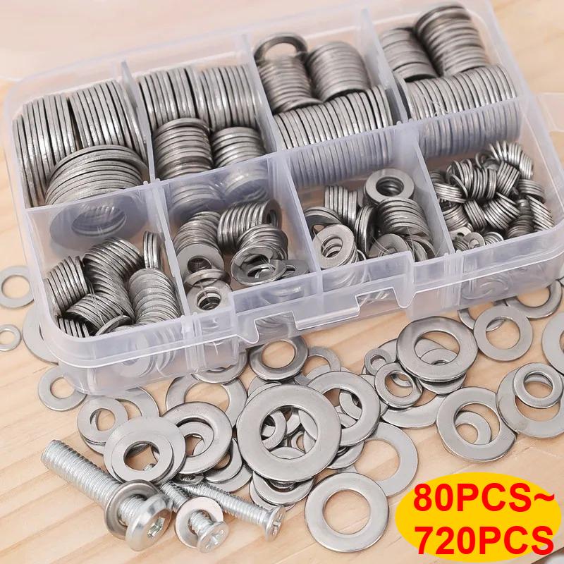 80/180/360/540/720pcs M2 M2.5 M3 M4 M5 M6 M8 M10 Stainless Steel Flat Washer Plain Gaskets Metal Washers Rings for Screw Bolt Assortment Kits