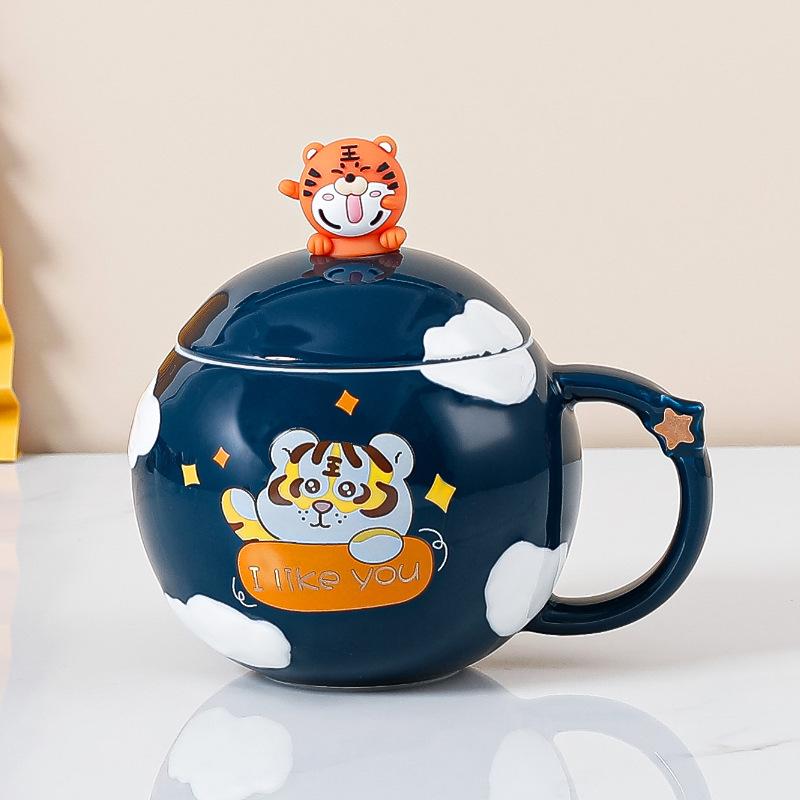 Year of the Tiger Mug with Lid Creative Large Capacity Ceramic Cup Couple Pair Cup Cute Cartoon Coffee Mug for Home Use