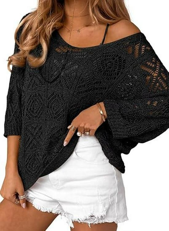 2025 Spring-Summer Crochet Hollow Seven-Sleeve Knit Pullover