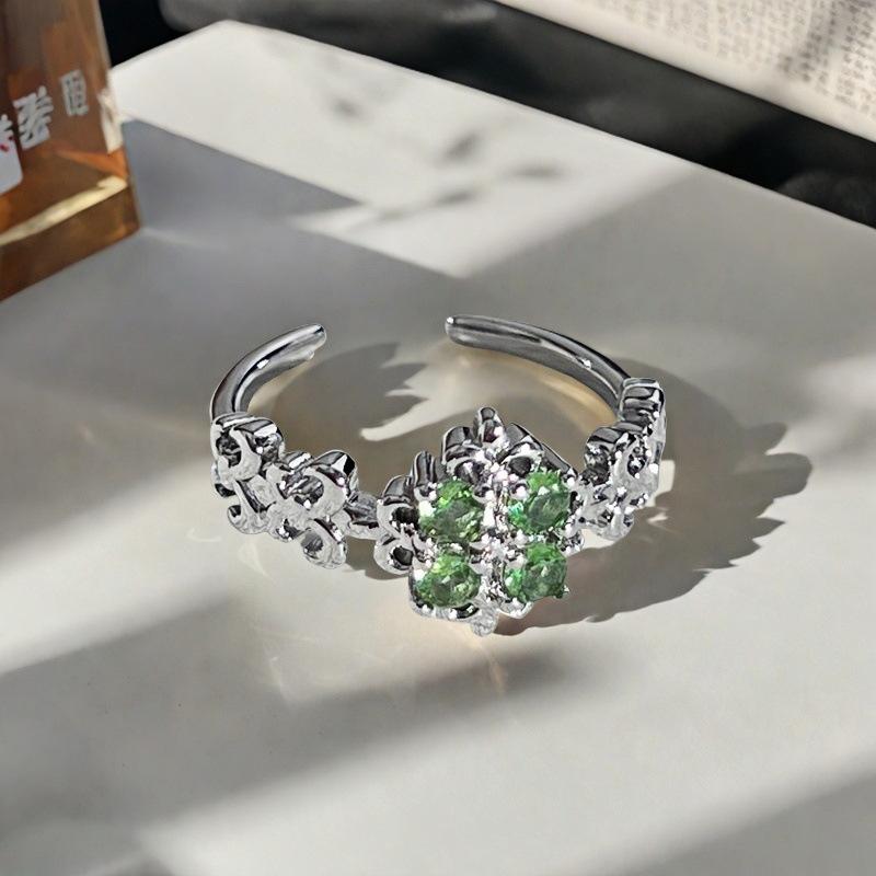 Spring And Summer Color Treasure Olive Green Zir*****Pen Ring Branches Flowers Full Of Diamonds High-End Light Luxury Personality Ring