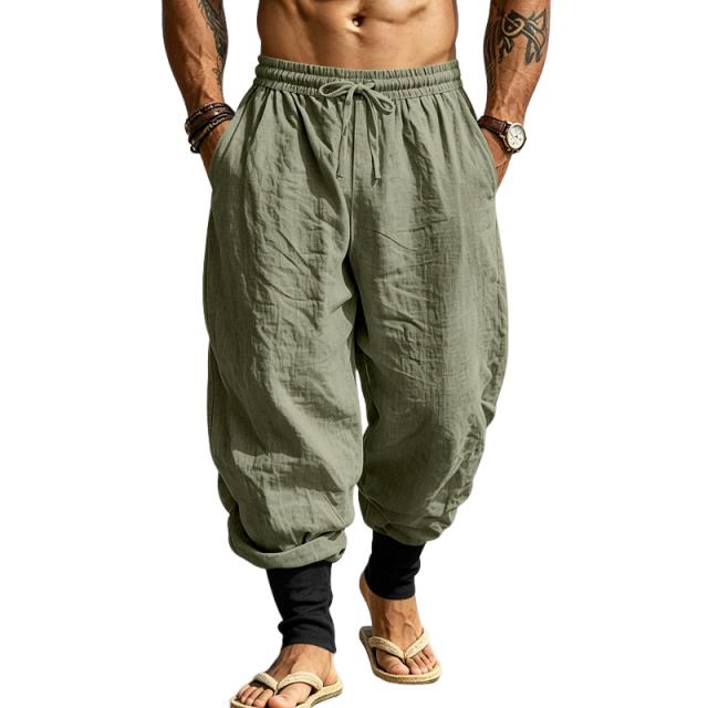 Men Linen Jogger Pants Loose Fit Drawstring Waist Breathable Tapered Leg Cuffed Hem Casual Beach Holiday Trousers