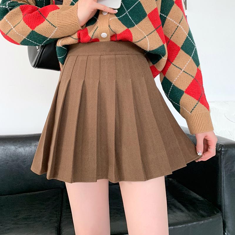 Wool Pocket Pleated Skirt for Women - High Waist, Thick, Retro, Short Skirt for Autumn & Winter