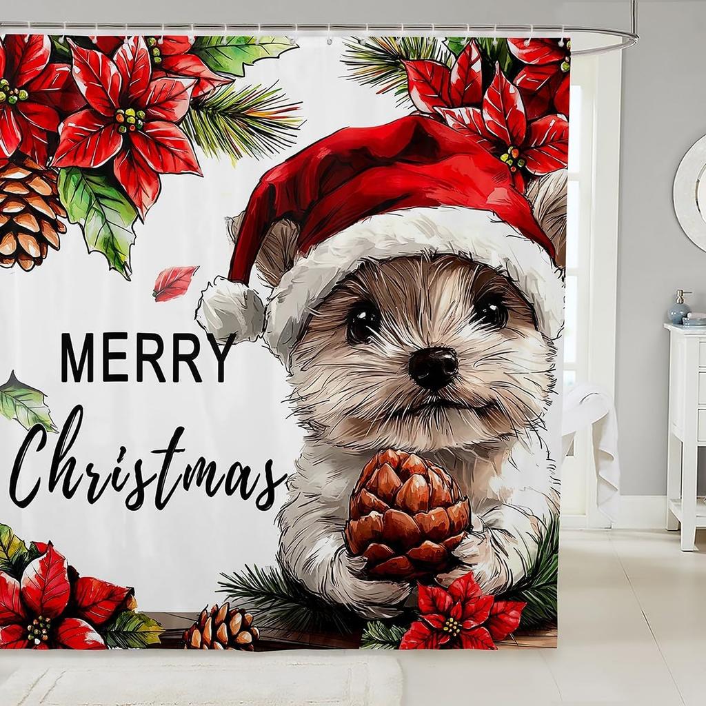 Christmas Cat Shower Curtain Cute Pet Cat Animal Bathroom Shower Curtain Sets, Xmas Decor Christmas Hat Fabric Shower Curtain