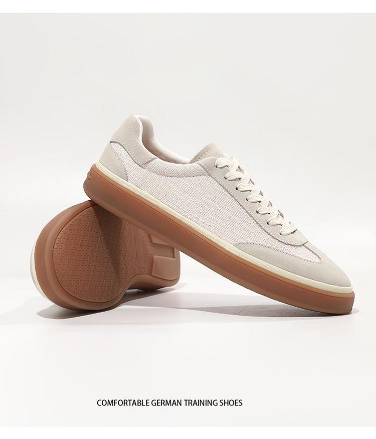 Men's Old Money Style Low-Top Breathable Cowhide Spliced Linen White Skate & Running Shoes