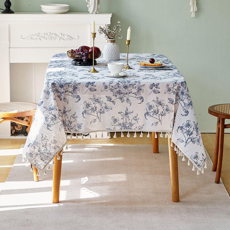 Elegant French Vintage Blue Rose Floral Blend Tablecloth with Beige Tassels - Rectangular, Perfect for Dining, Picnics, Parties, Weddings