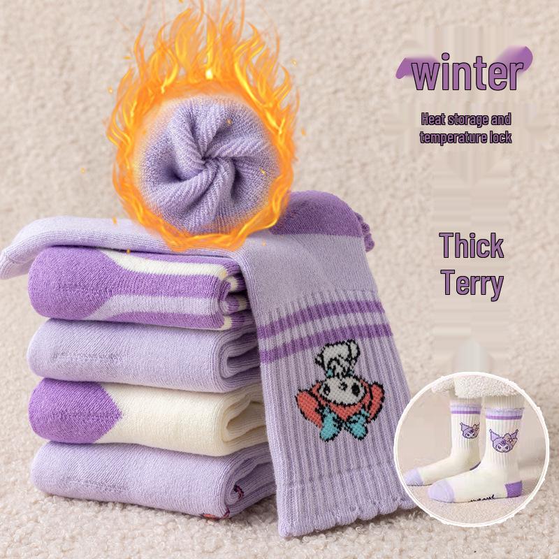Kuromi Girls' Thick Winter Cotton Socks - Plus Velvet, Warm Terry for Autumn & Winter